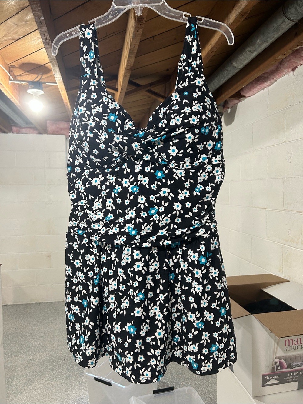 Anne Cole Black Swim Mini with White and Teal Floral Print